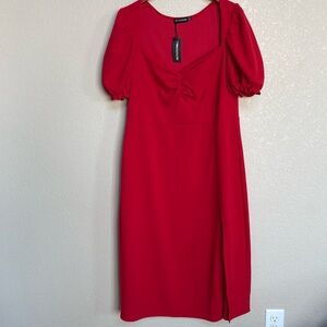 PRETTYLITTLETHING Women’s Red Ruched Puff Sleeve Midi Dress 14 Valentine’s
